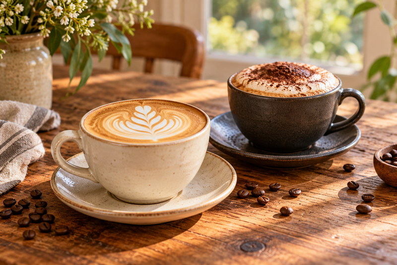 Flat white with latte art and a cappuccino on a sunlit timber table