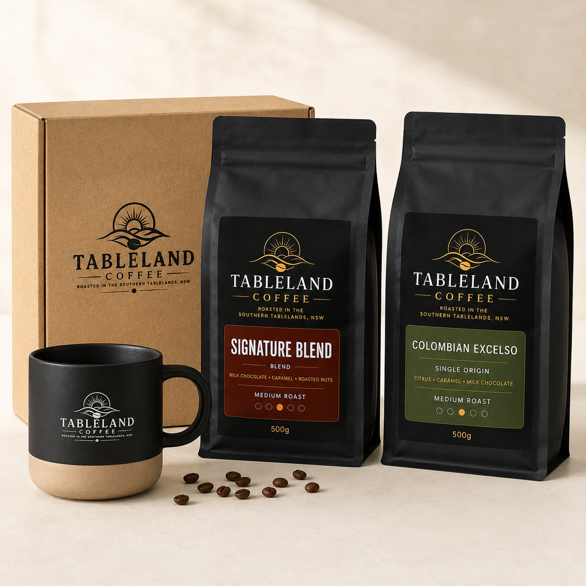 Tableland Coffee Father's Day two 500g coffee bags and branded mug gift