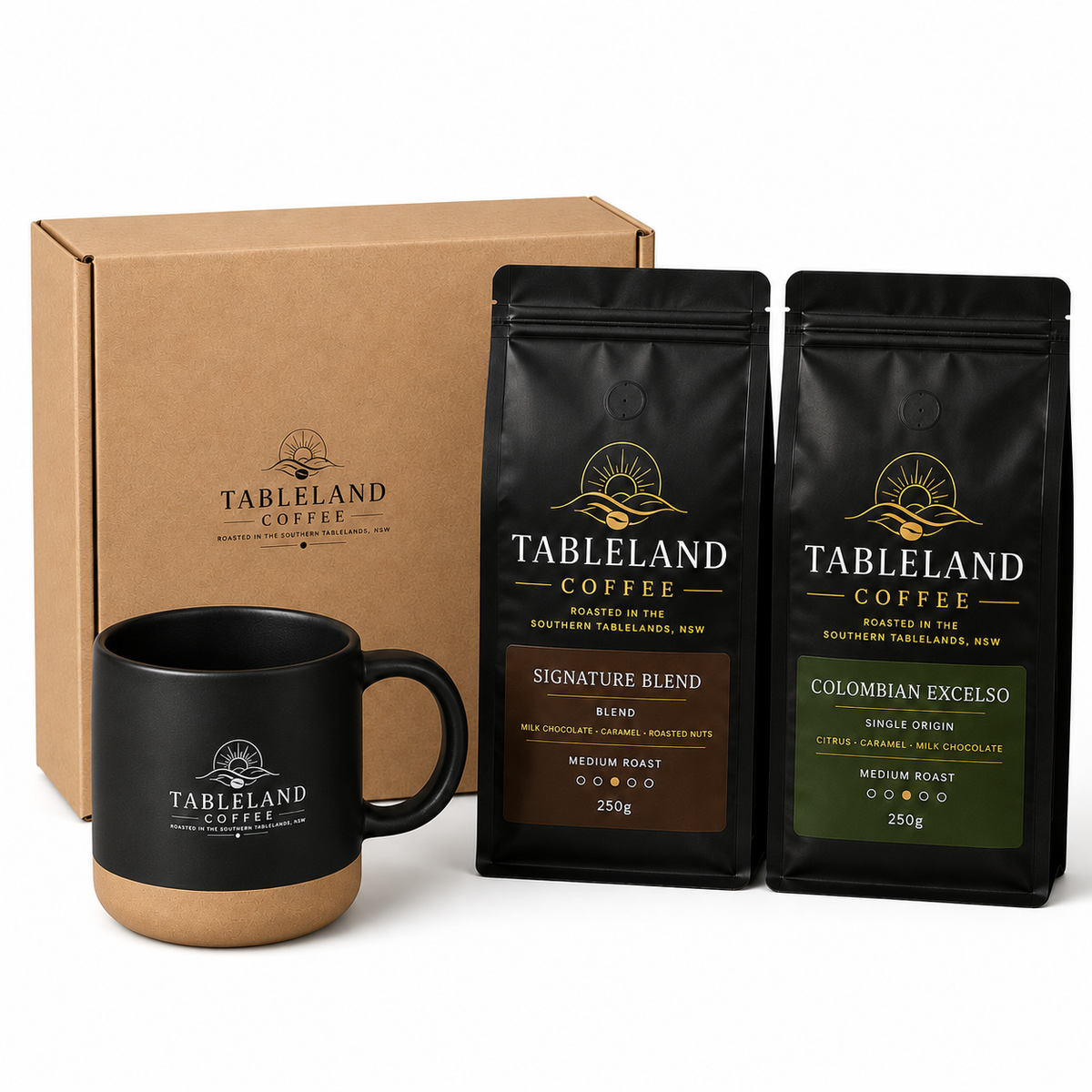 Tableland Coffee Gift Set with 330ml branded mug, 250g Signature Blend, 250g Colombian Excelso and kraft gift box